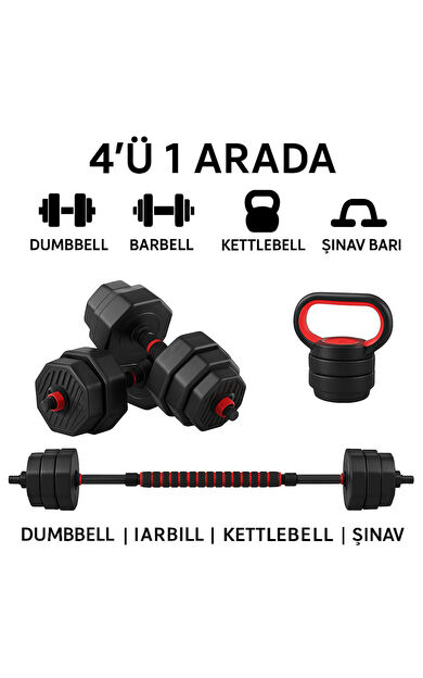 VAYNE 4’ü 1 Arada Dambıl Seti 20 KG | Ayarlanabilir Dumbbell – Barbell – Kettlebell – Şınav Barı Spor Seti