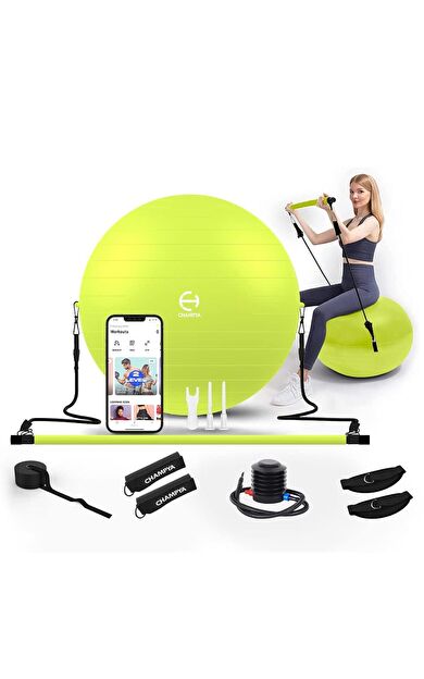 VAYNE CHAMPYA İthal Premium Pilates Seti Yoga Fitness Pilates Topu Direnç Lastiği Pilates Barı Seti -Yeşil