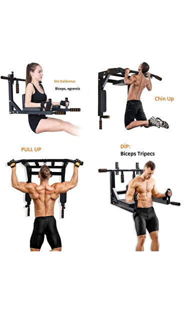 VAYNE 3'ü 1 Arada Çift Yönlü Duvar Barfiks Ve Dips Aleti, Siyah Barfiks Aleti Çubuğu