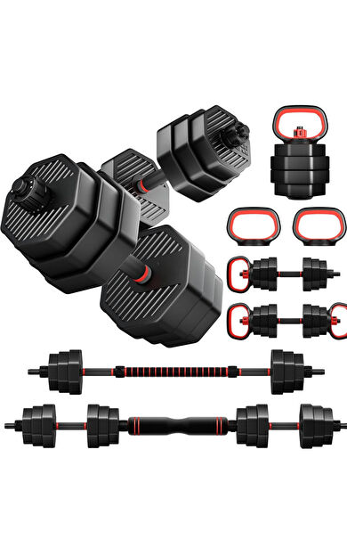 VAYNE 4’ü 1 Arada Dambıl Seti 20 KG | Ayarlanabilir Dumbbell – Barbell – Kettlebell – Şınav Barı Spor Seti