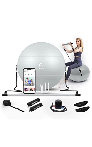 VAYNE CHAMPYA Patlamaya Dayanıklı Yoga Fitness Topu Seti | Evde Core Güçlendirme, Evde Pilates Seti -Gri