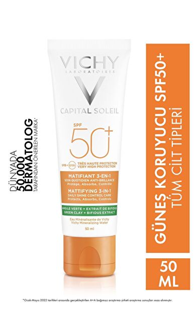 Vichy Capital Soleil Mattifying 3ü1 Arada Çok Yüksek Korumalı Matlaştırıcı Yüz Güneş Kremi Spf 50 , 50 ml