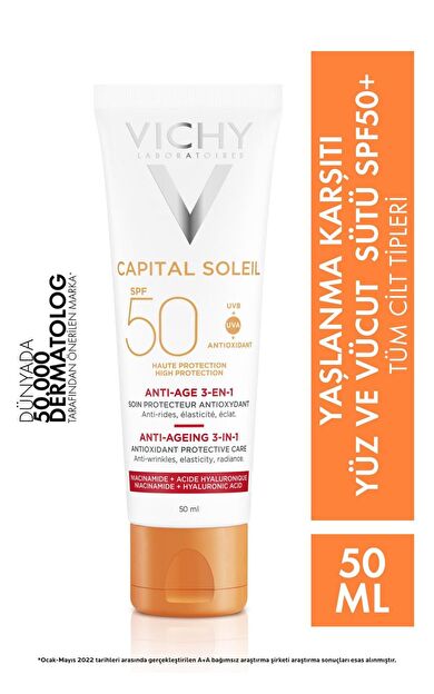 Vichy Capital Soleil Yüksek Korumalı 3ü1 Arada Yaşlanma Karşıtı Yüz Güneş Kremi Spf 50 (UVA UVB) 50 ml