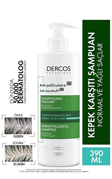 Vichy Dercos Anti-Pel Kepeğe Karşi Etkili Bakim Şampuan Normal/Yağlı Saçlar 390 ml
