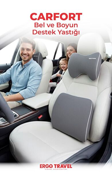 Carfort Büyük Visco Araç Boyun Yastığı – Visco Araç Bel Yastığı Takım - Gri - Ergo Travel