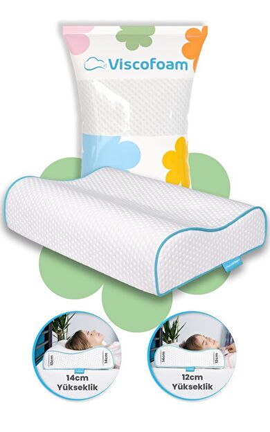 Yüksek Boyun Destekli Ortopedik Yastık Çift Boyun Destekli Visco Yastık - 60x40x14-12cm