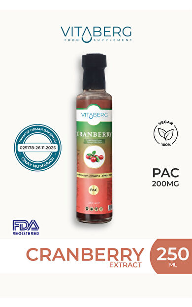 Vitaberg Cranberry Extract Sıvı Takviye | Vitamin C, Çinko, Selenyum İçeren Formül