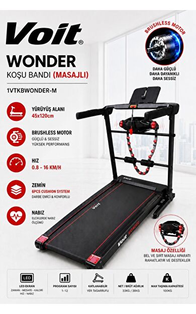Wonder Masajlı Katlanabilir Koşu Bandı 16 Km/H Brushless Motorlu Ev Tipi Fitness Bandı