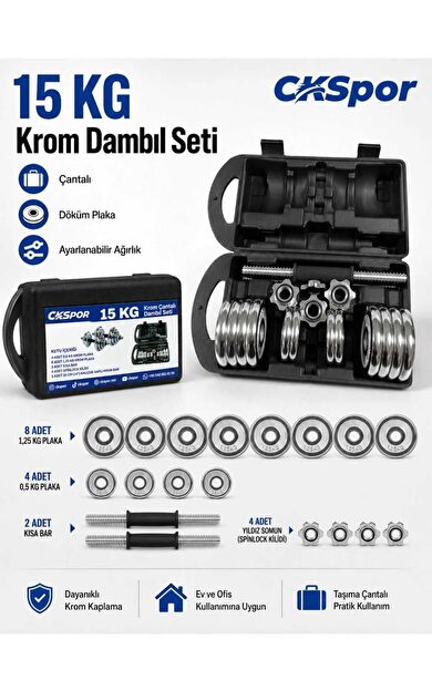 CKSPOR 15 kg Krom Çantalı Dambıl Seti – Kol, Omuz &amp; Göğüs Çalışma Seti