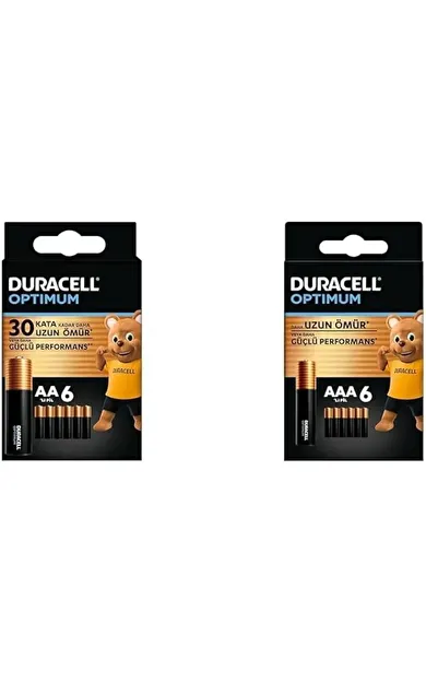 Duracell Optimum AA Alkalin Kalem Piller, 1,5 V LR6/MN1500, 6’lı Paket + Duracell Optimum AAA Alkalin İnce Kalem Piller, 1,5 V LR03/MN2400, 6’lı Paket