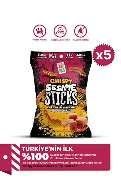 FOUR FOOD - CHISPY Karamelli Susamlı Atıştırmalık Kraker 80g X 5 Adet