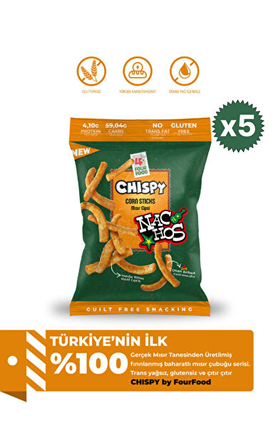 FOUR FOOD - CHISPY Nachos Çeşnili Mısır Cipsi 80g Gerçek Mısırdan Fırınlanmış Atıştırmalık X 5 Adet