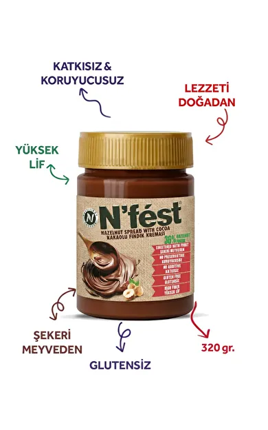 N'Fest Kakaolu Fındık Kreması 320 gr ( %36 Fındık, İlave Şeker İçermez )